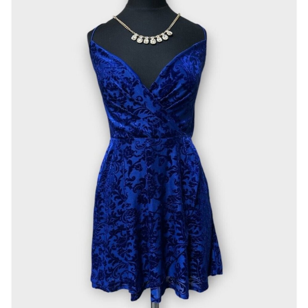 NEW City Vibe‎ Womens L Blue Velvet Burnout Dress Zip Back Crisscross Tie Prom